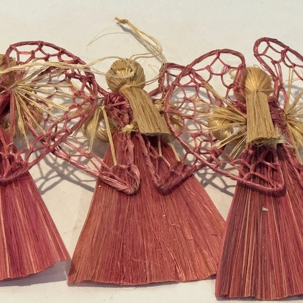 Vintage Raffia Straw Angel Ornaments Set of 3 Red & Natural Farmhouse Christmas